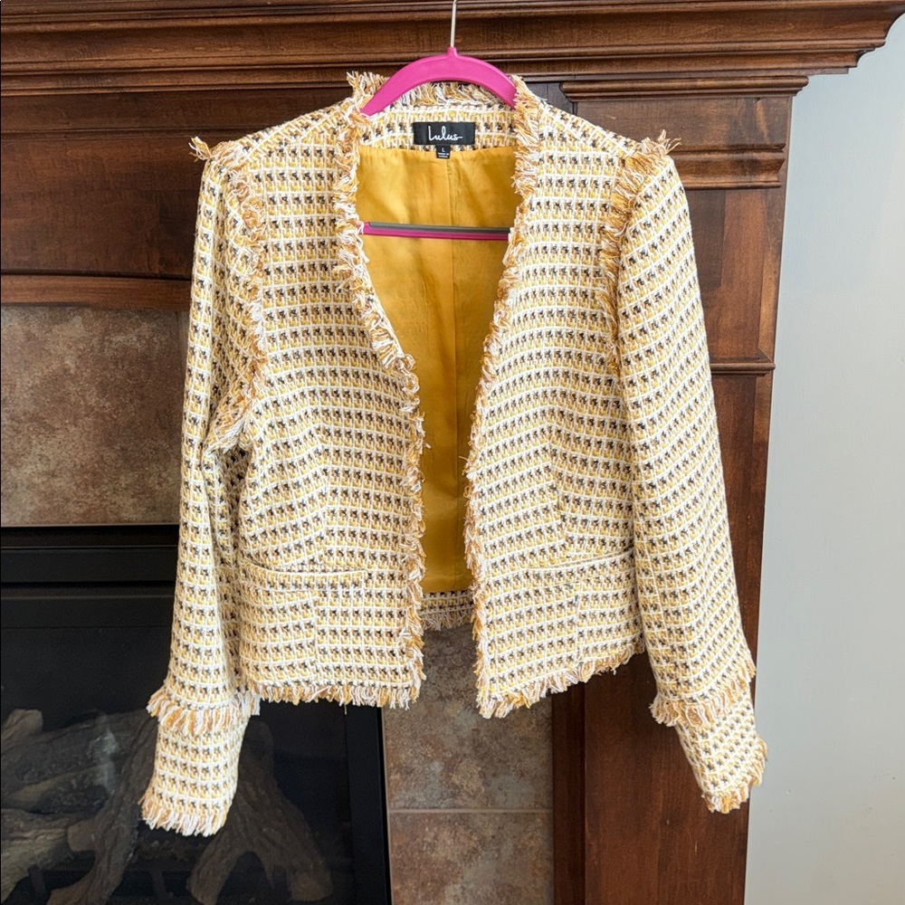 Mustard yellow tweed fringe blazer jacket Lulus NWT L preppy academic office